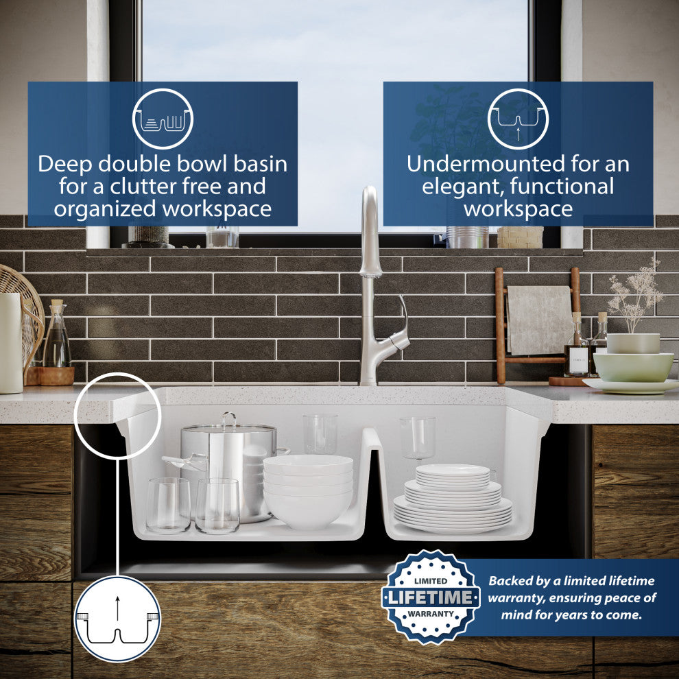 Karran Undermount Quartz 32" 60/40 Double Bowl Kitchen Sink, White