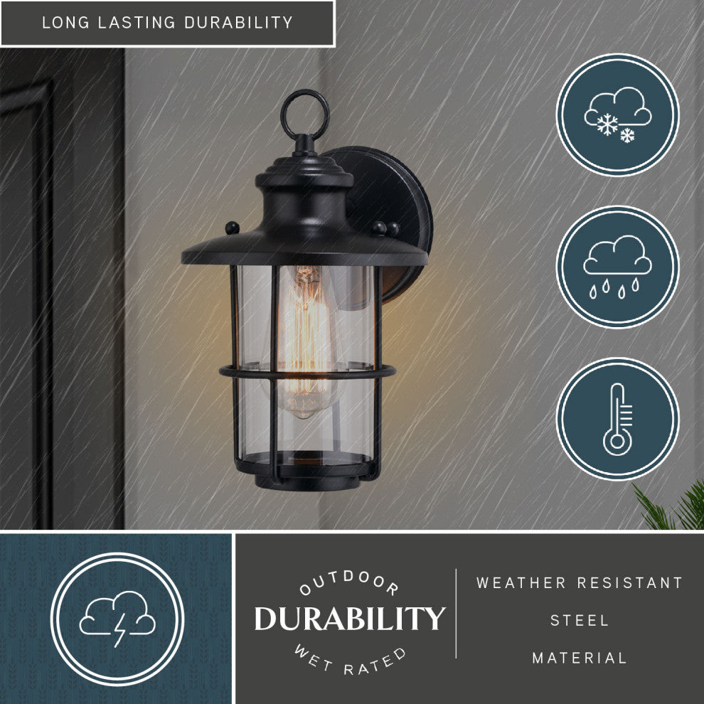 Lake Shore Steel 1 Light Black Coastal Outdoor Wall Lantern Clear Glass