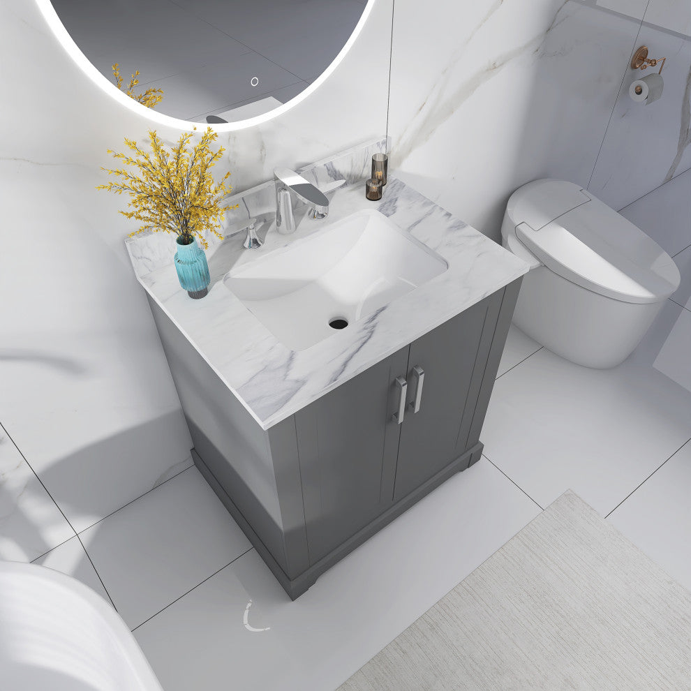 30" W x 22" D x 33" H Bath Vanity, Grey With Carrara White Marble