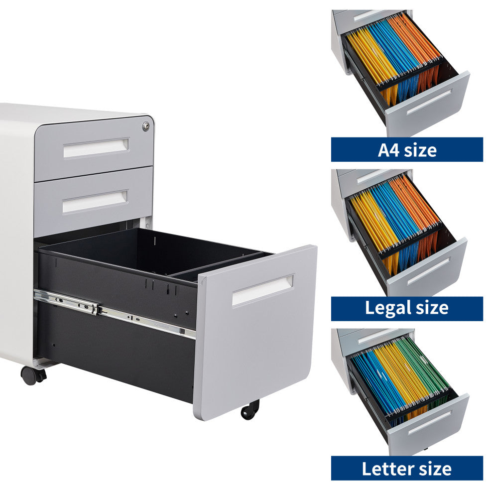 Under Desk File Cabinet, 3 Drawer Mobile Filing Cabinet, Lock, Gray