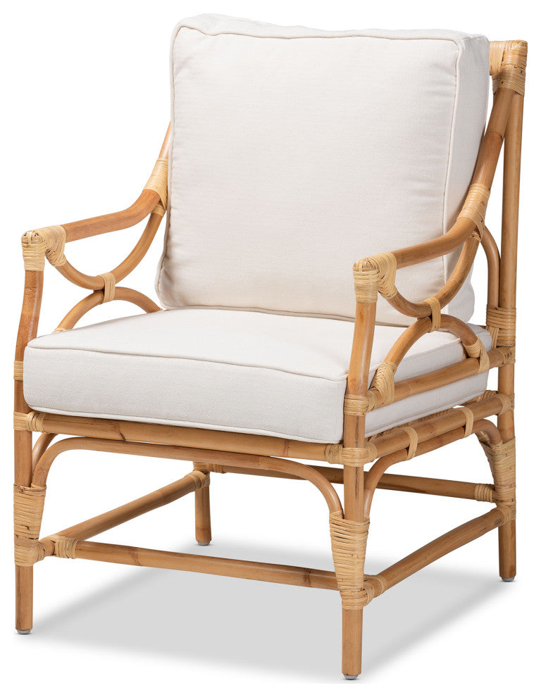 Layla Modern Bohemian White Upholstered and Natural Brown Rattan Armchair