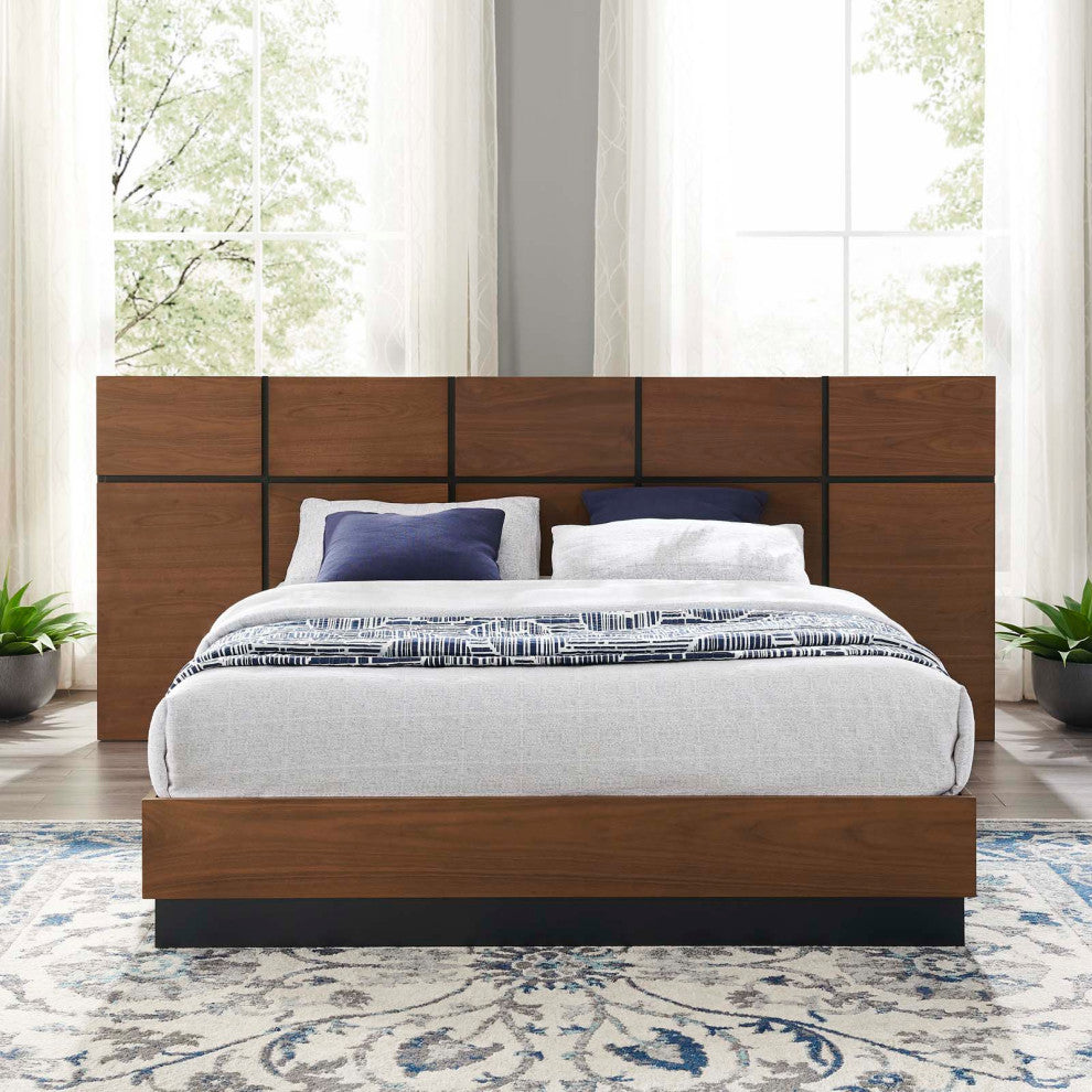 Platform Bed Frame, Queen Size, Wood, Brown Walnut, Modern Farmhouse, Bedroom