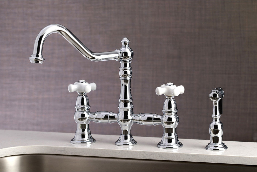 Kingston Brass Bridge Kitchen Faucet With Sprayer, Polished Chrome