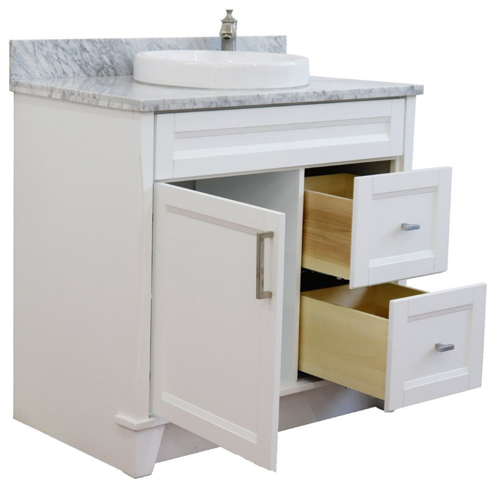 37" Single Sink Vanity, White Finish With White Carrara Marble