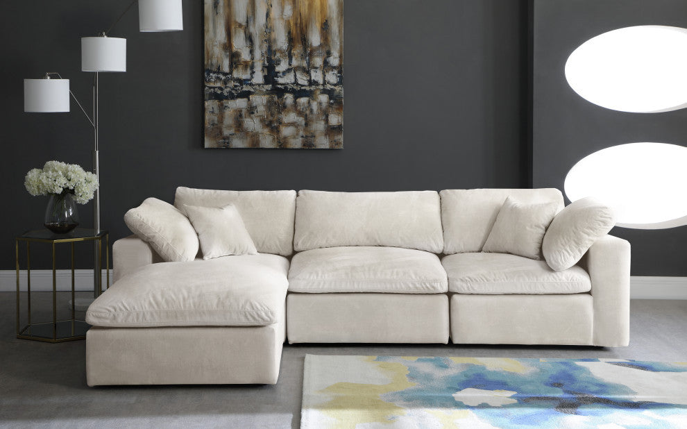 Cozy Velvet Upholstered Comfort L-Shaped Modular Sectional, Cream, 4-Piece: 1 Armless Chair, 2 Corner Chair, 1 Ottoman