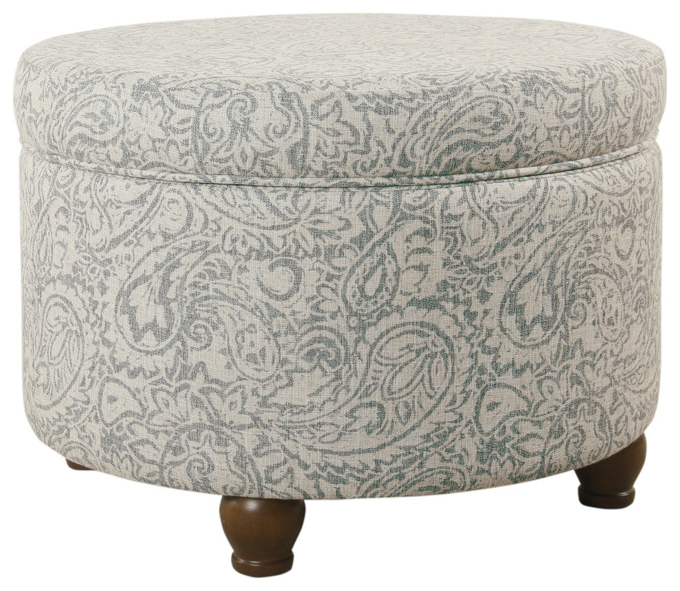 Benzara BM194944 Upholstered Wooden Ottoman With Hidden Storage, Gray and Cream