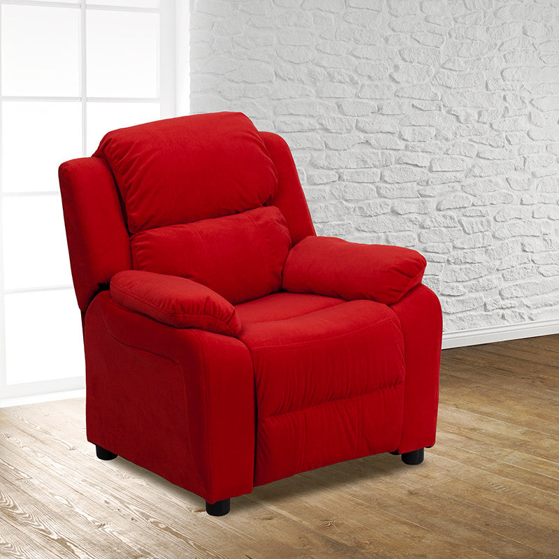 Deluxe Padded Red Microfiber Kids Recliner with Storage Arms