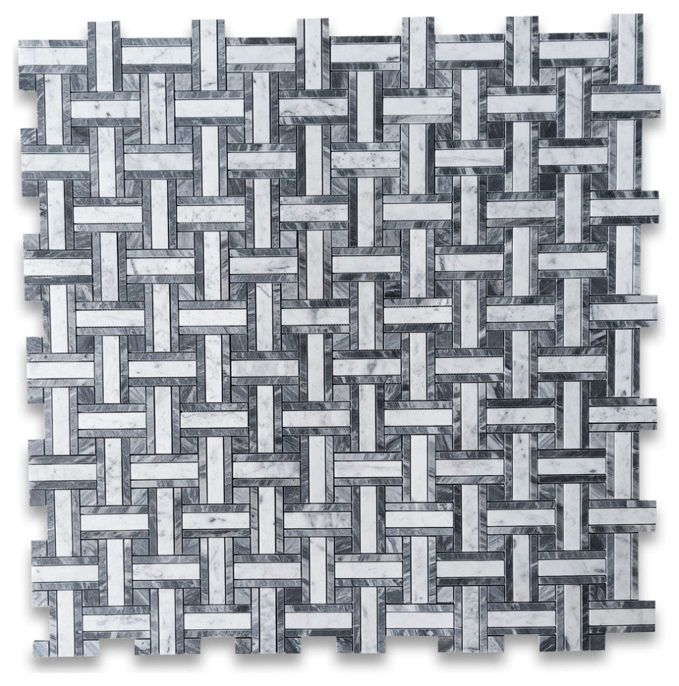 Carrara White Marble Twine Basketweave Mosaic Tile Bardiglio Gray, 1 sheet