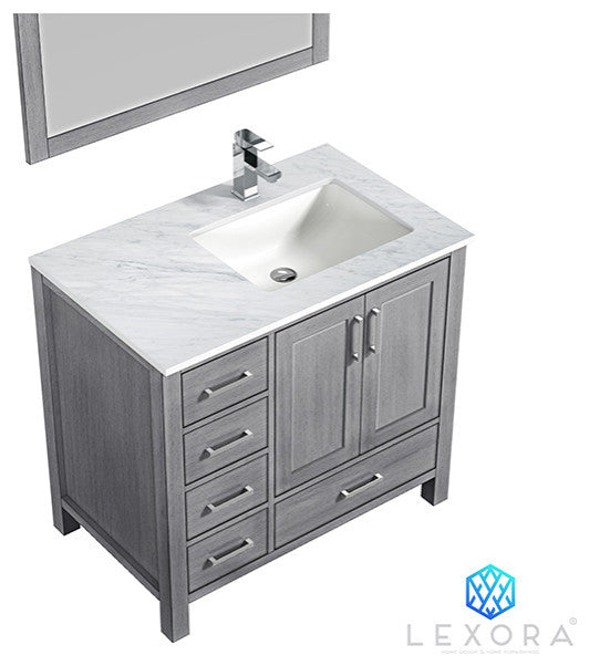 Jacques 36" Vanity, Wht Carrara Marble Top w/ 34" Mirror, Distressed Grey, Right