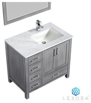 Jacques 36" Vanity, Wht Carrara Marble Top w/ 34" Mirror, Distressed Grey, Right