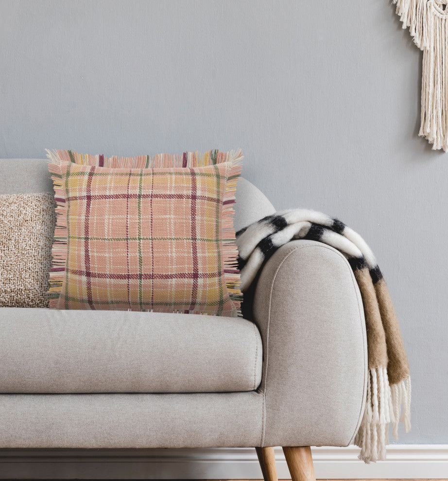 Berry Drew Plaid Throw Pillow with Fringe