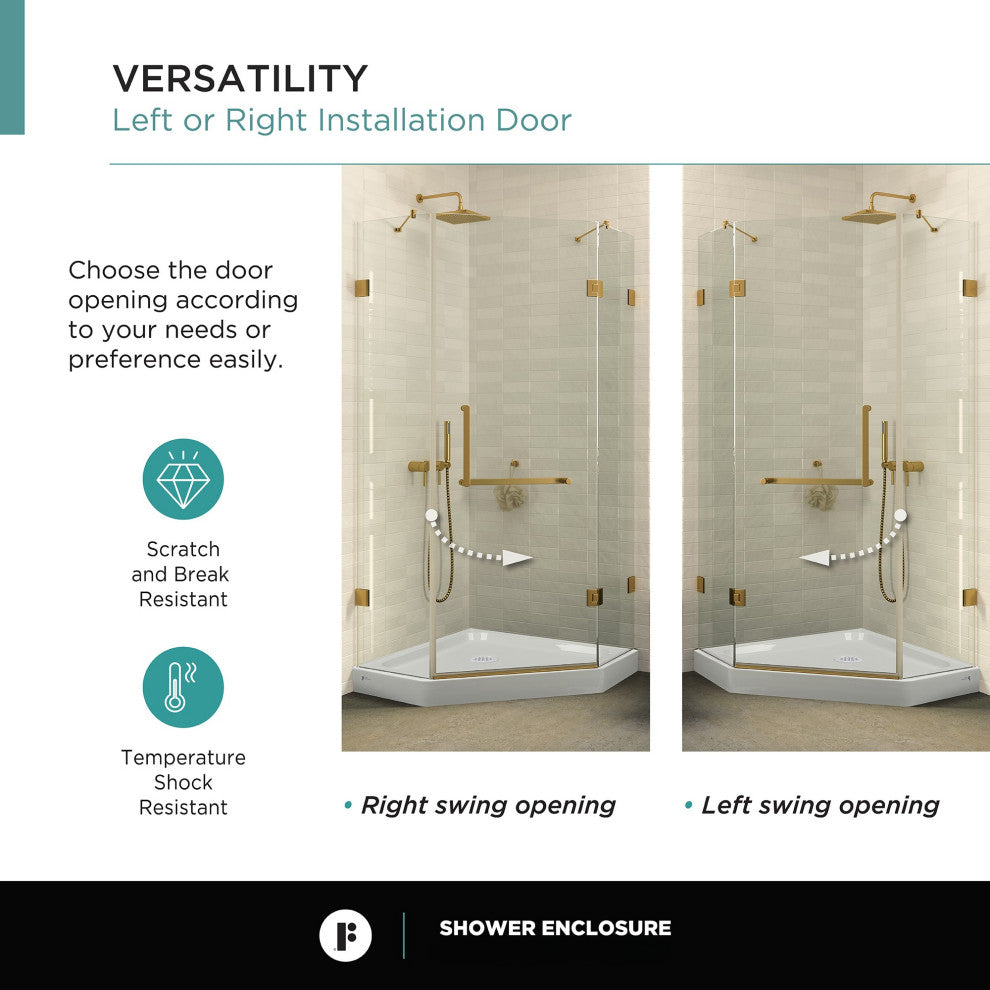 Glass Shower Enclosure Set with Acrylic Shower Base, Satin Brass, 40" X 40"