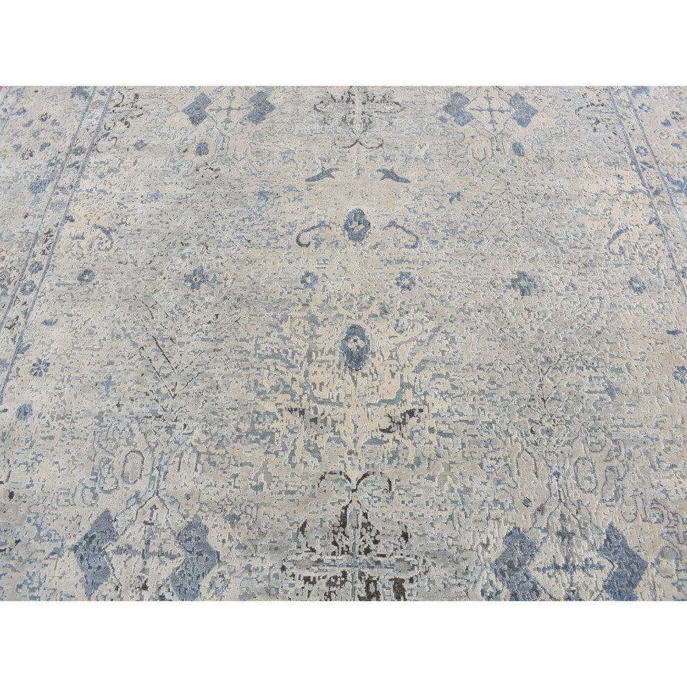 Blue, Hand Knotted, Oushak Design, Pure Silk With Wool Square Rug, 10'2"x10'2"
