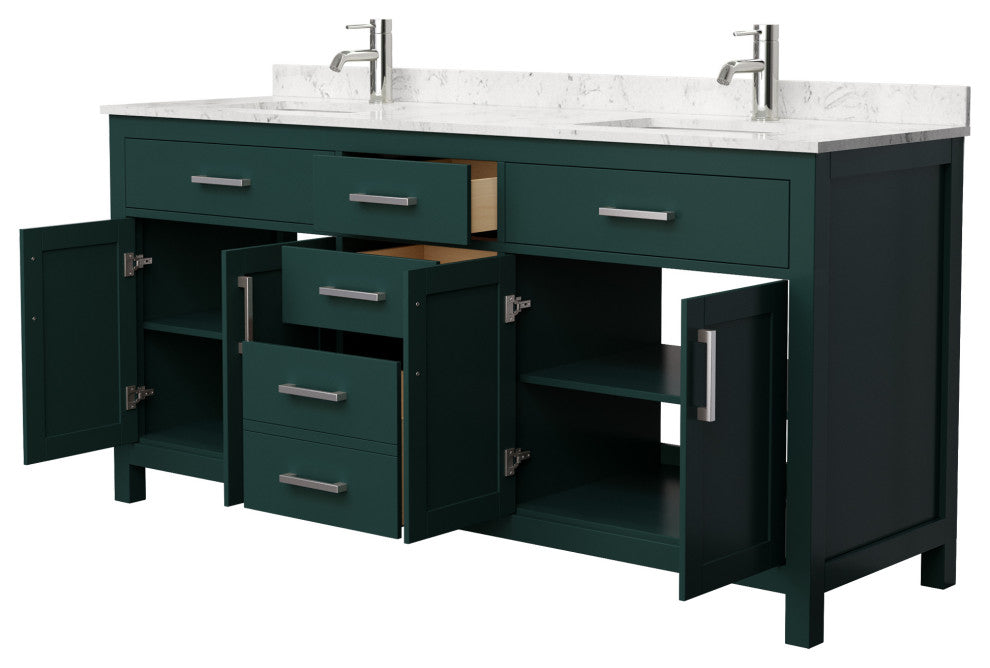 72"DBL Bathroom Vanity Green, Carrara Cult.Marble Countertop, Sinks, Nickel Trim