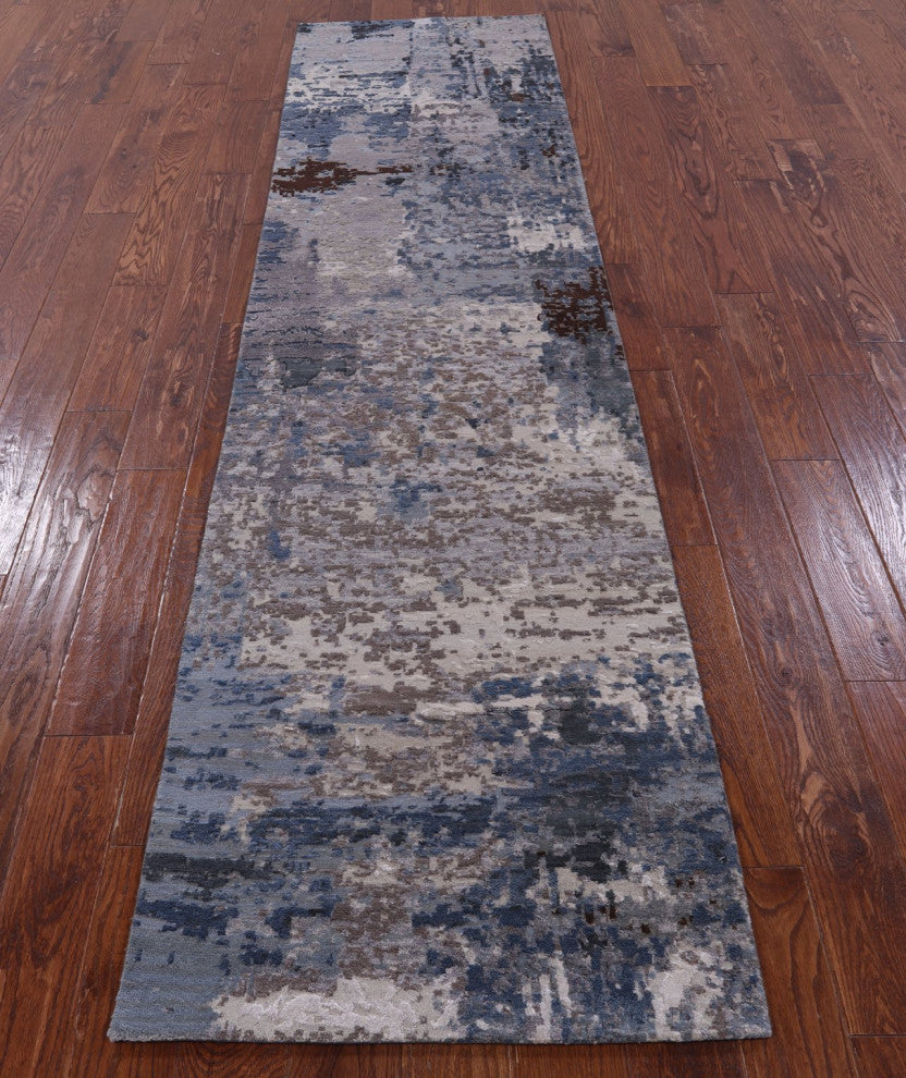 2' 6" X 10' 0" Runner Abstract Hand Knotted Wool and Silk Rug Q9035