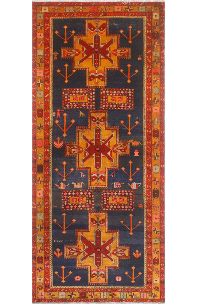 Fine Vintage Distressed Hares Navy/Gold Runner, 4'5x10'8