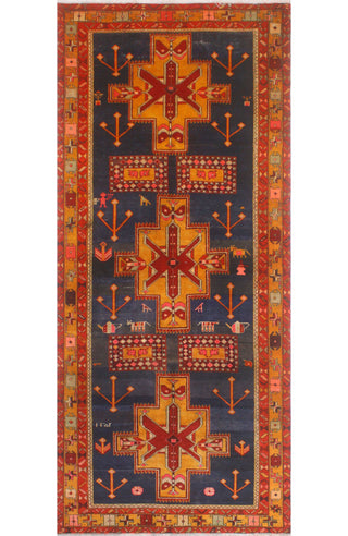 Fine Vintage Distressed Hares Navy/Gold Runner, 4'5x10'8