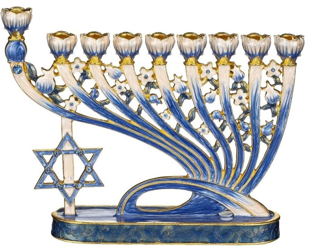 Hand Painted Blue Enamel Menorah Candelabra With Star of David