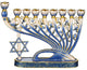 Hand Painted Blue Enamel Menorah Candelabra With Star of David