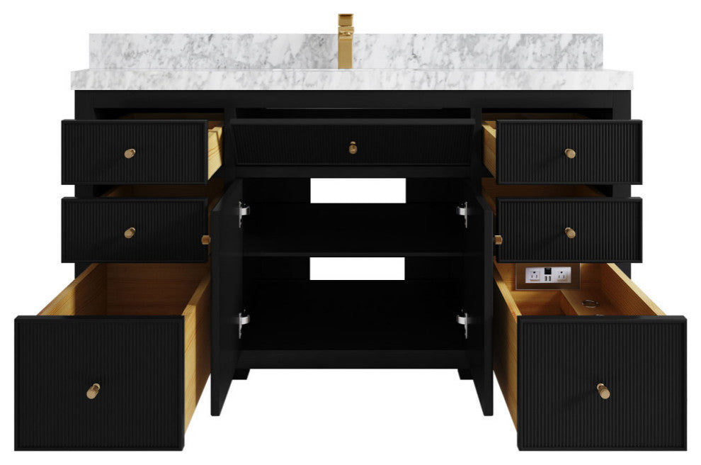 Sonoma 60 Single Sink Reeded Bathroom Vanity in Black 2" Carrara Marble