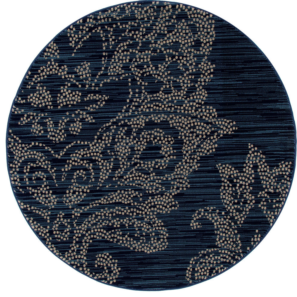 Bastille Large Damask Blue 5'3" Round Area Rug