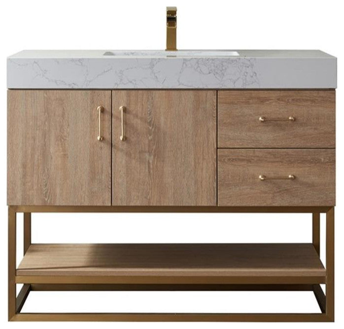 Vinnova Alistair 42" White Grain Stone Top Vanity in Oak w/o Mirror