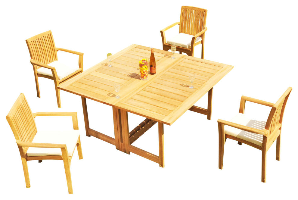 5-Piece Outdoor Teak Set: 60" Square Butterfly Table, 4 Lua Stacking Arm Chairs