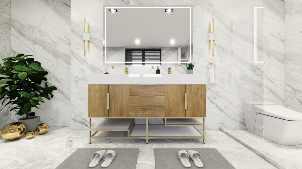 Madison 60" Free Standing Double Sink Vanity with Reinforced Acrylic Sink, Oak