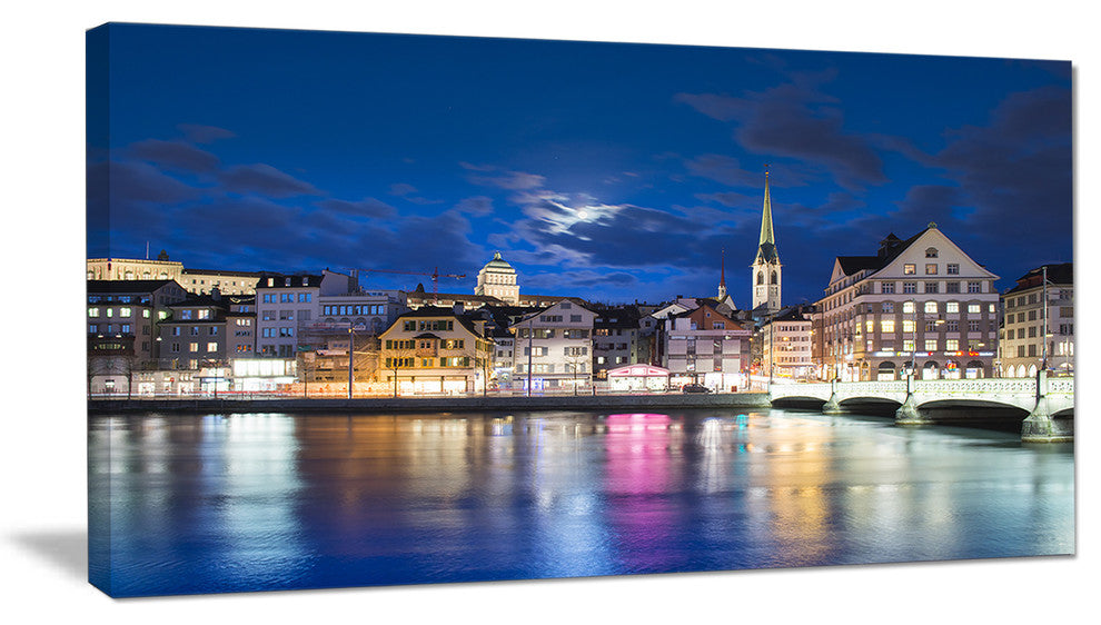 Scenic Panorama of Old Town, Landscape Canvas Art Print, 32"x16"