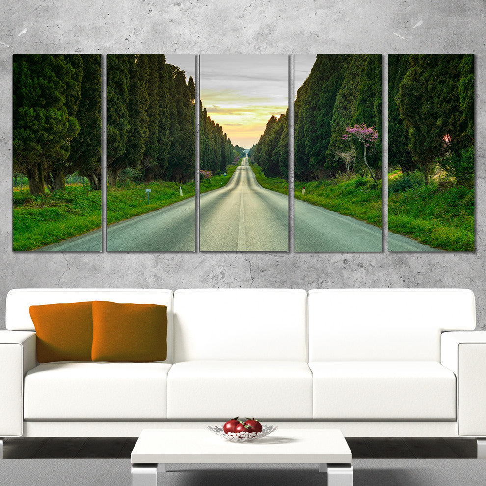 "Straight Road Through Cypress Trees" Landscape Wall Art, 5 Panels, 60"x28"