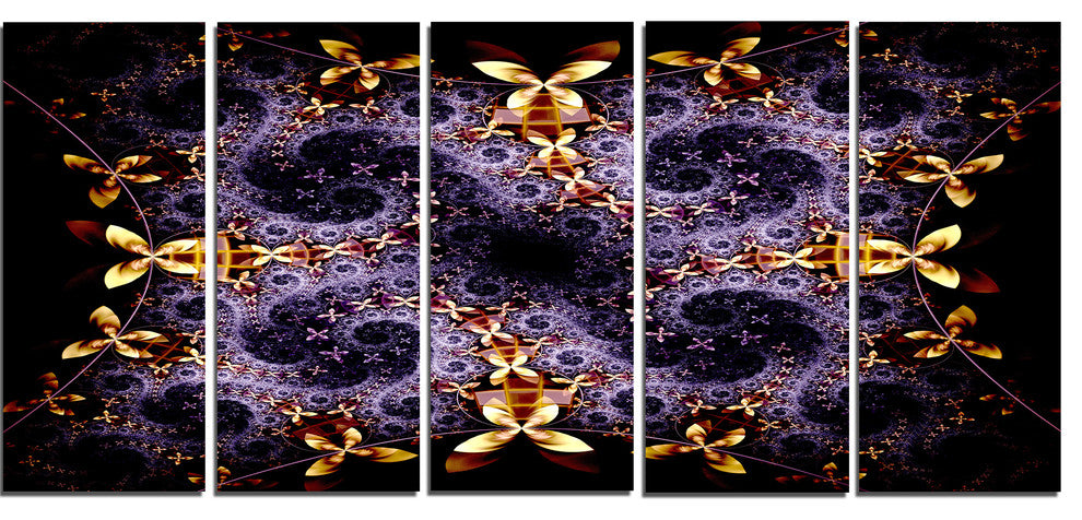 Yellow and Violet Fractal Flower, Abstract Wall Art Canvas, 60"x28", 5 Panels