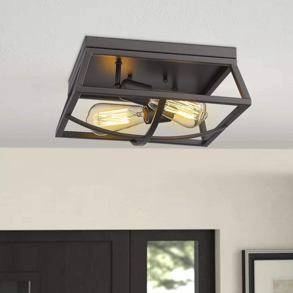 2 Light Flush Mount, Farmhouse, Black With Bronze Finish