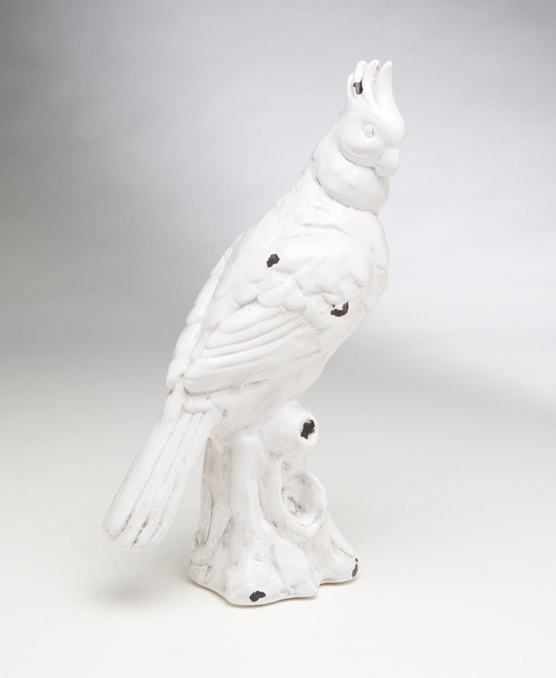 Cockatoo Ceramic Statue, Distressed White Finish