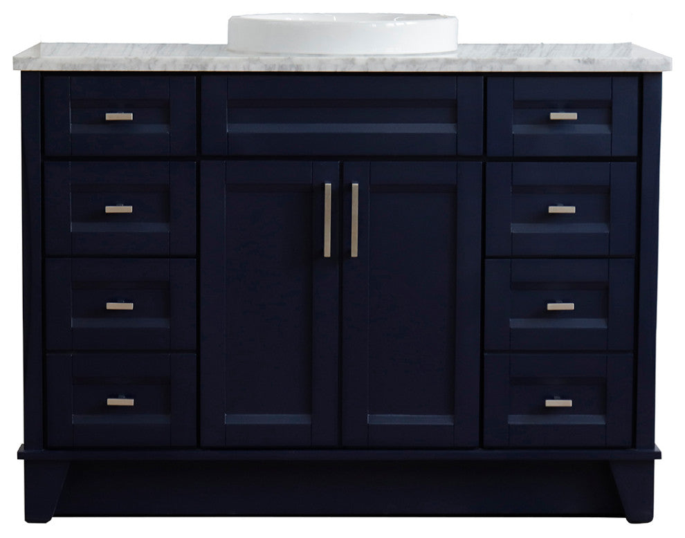 49" Single Sink Vanity, Blue Finish With White Carrara Marble And Round Sink