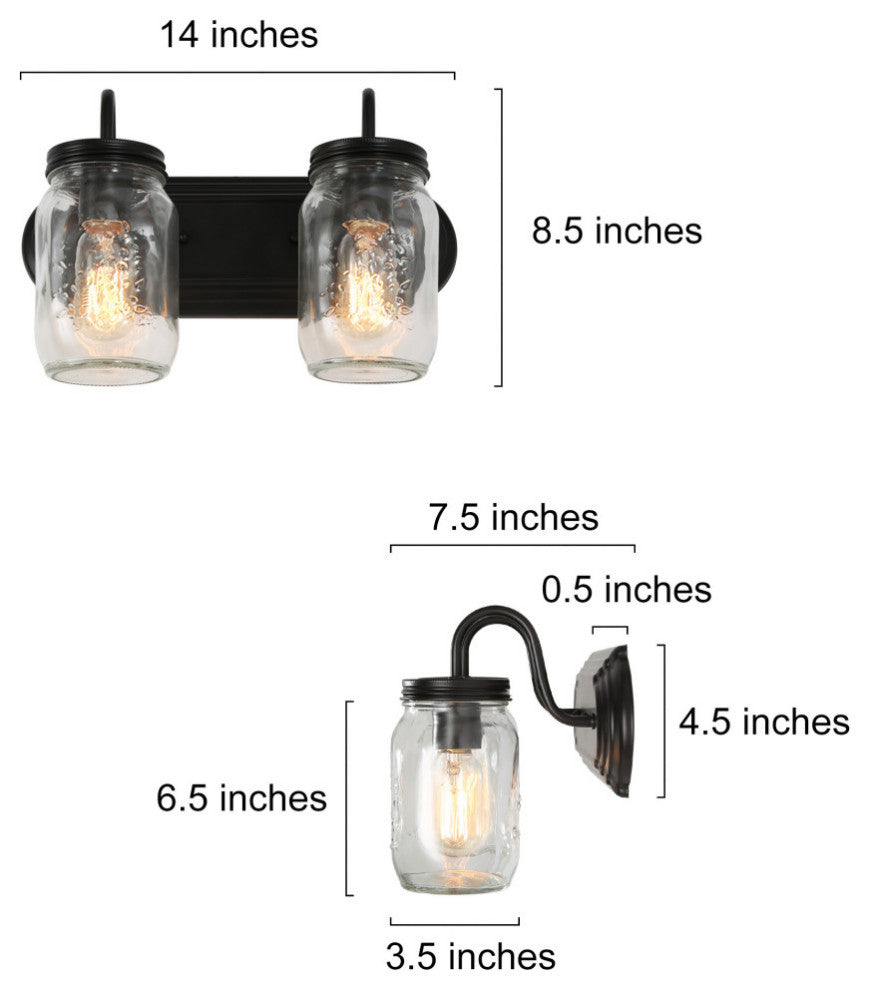 LNC Mason Jar Black Vintage Farmhouse Wall Sconces, 2 Lights