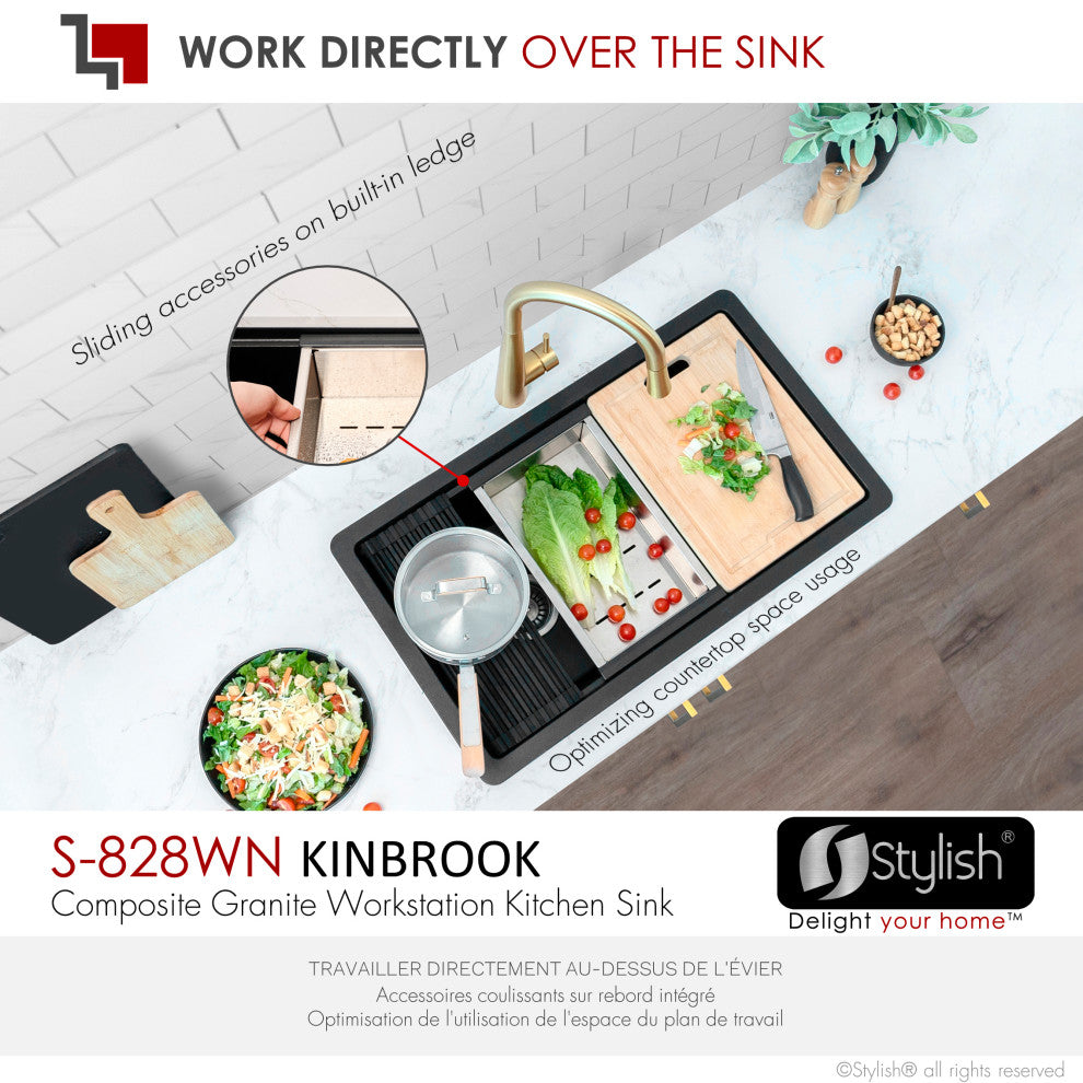 Stylish 28" Dual Mount Single Bowl Black Granite Kitchen Sink