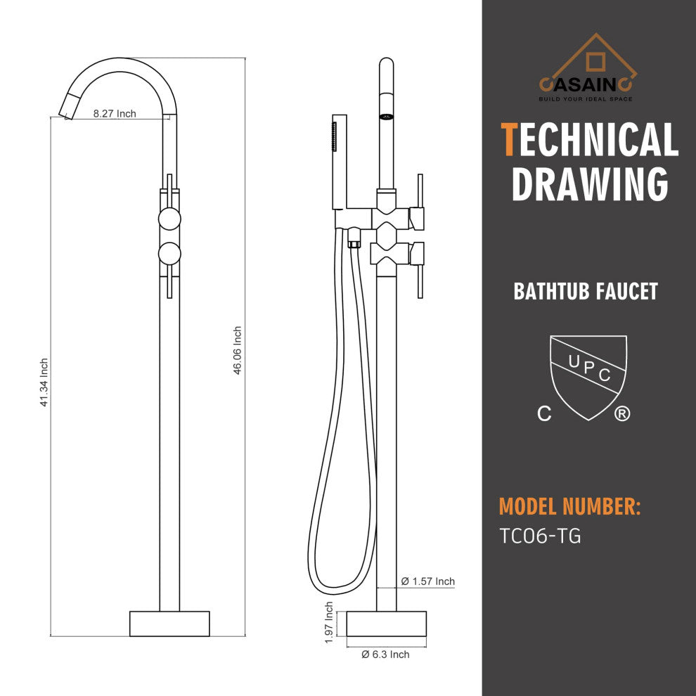 Freestanding Bathtub Faucet Hand Shower Floor-Mount High-arc Tub Faucet 2-Handle