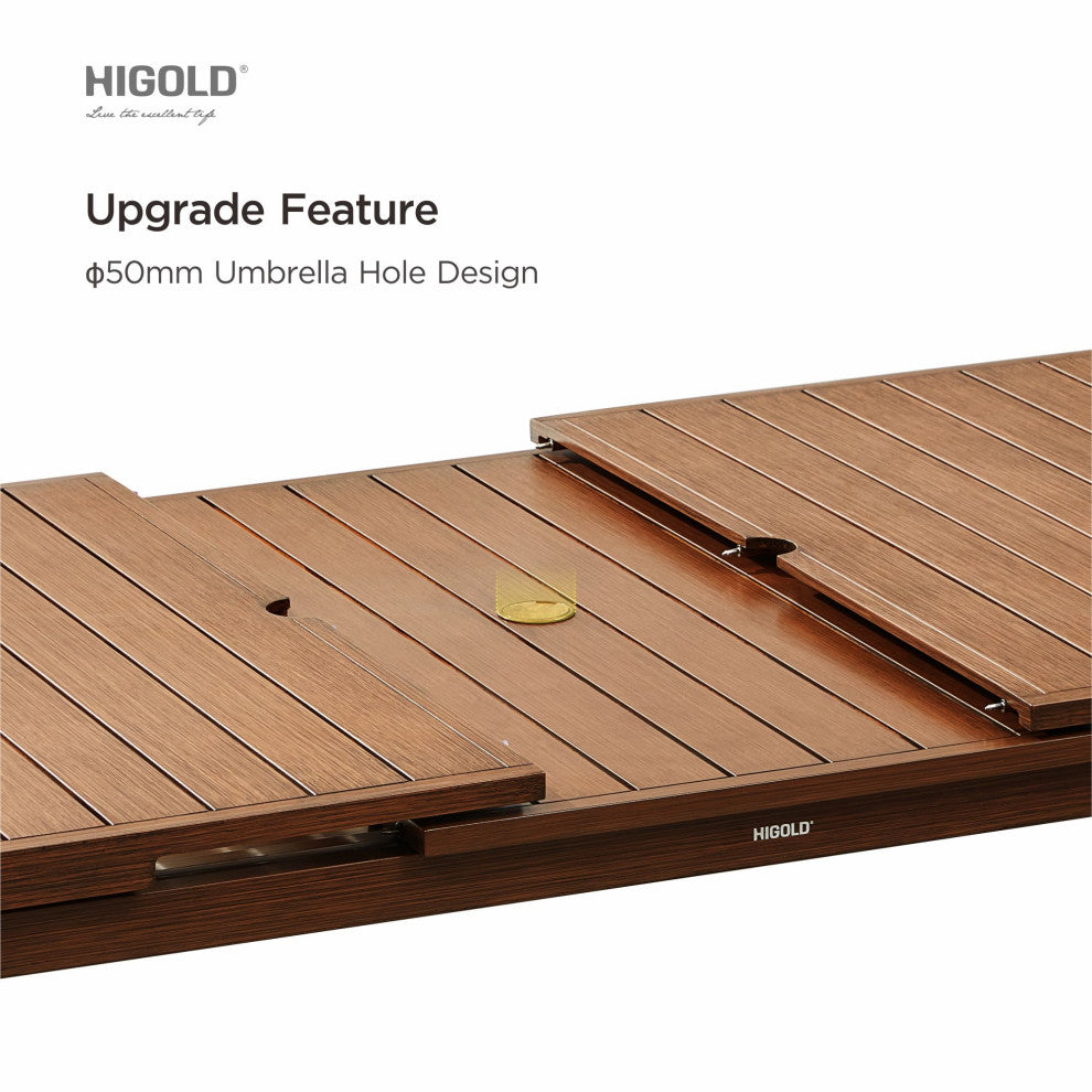 HIGOLD Carlo 8+1 Pieces Extendable Aluminum Outdoor Dining Set, Wood Color