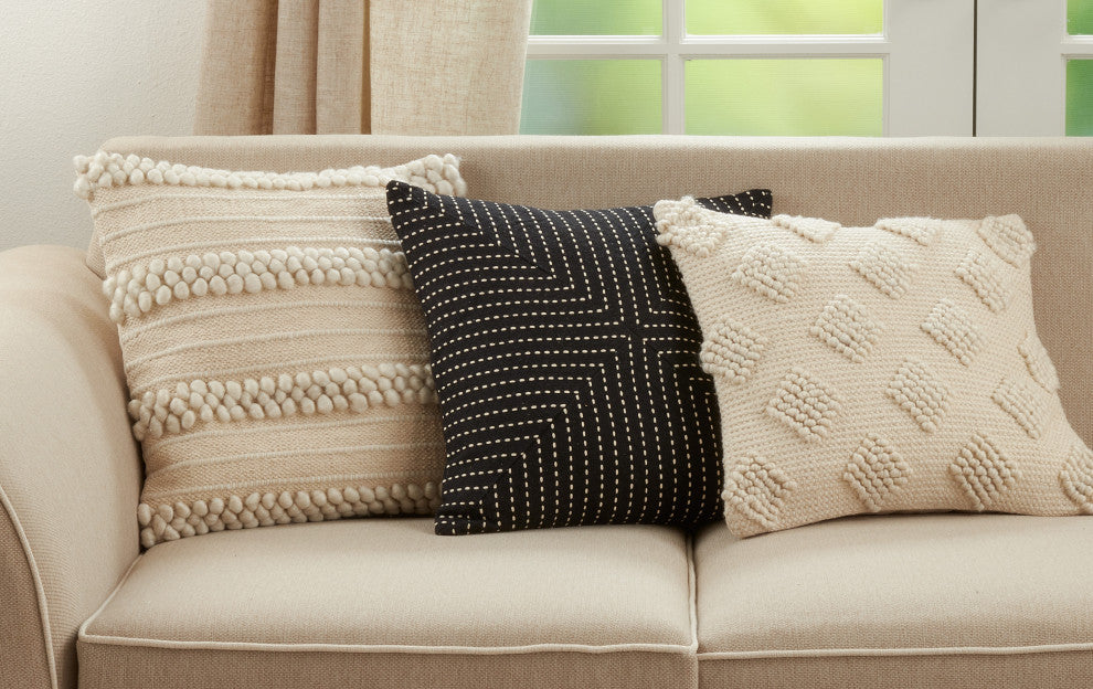 Striped Poly-Filled Throw Pillow With Pom Pom Design