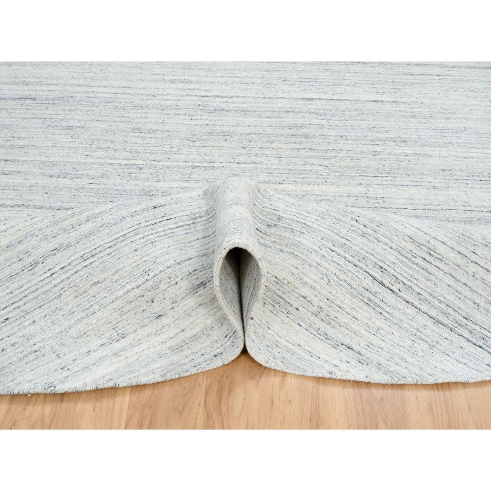 Ivory Hand Loomed Plain Modern Striped Design Organic Wool Round Rug, 10'x10'