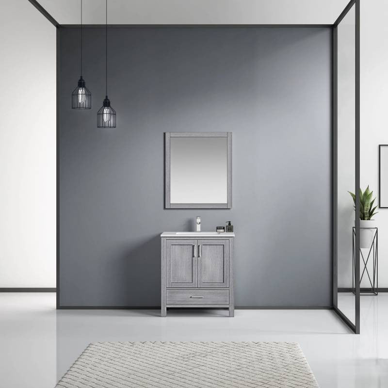 Jacques 30" Distressed Grey Single Square Sink Vanity with Quartz Top, With Mirr