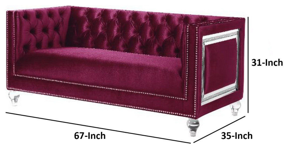 Benzara BM250589 Loveseat With Acrylic Feet and Mirrored Trim, Dark Red