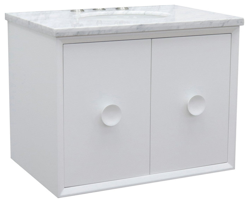 31" Single Wall Mount Vanity, White Finish With White Carrara Top