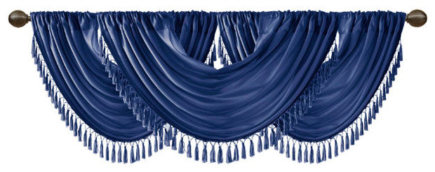 Madison Park Elena Faux Silk Waterfall Tassels Valance, Navy Blue