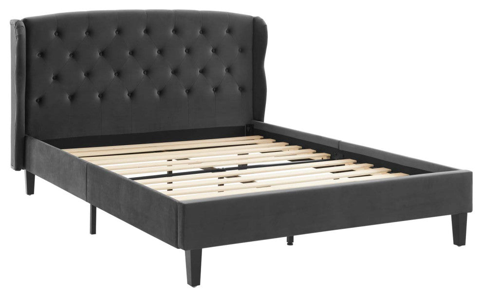 Penelope Tufted Wingback Queen Performance Velvet Platform Bed-Charcoal