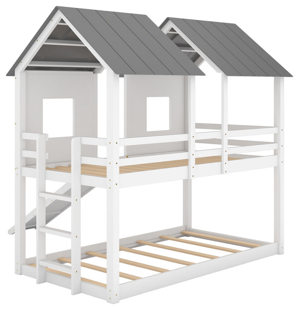 Gewnee Wood Twin Over Twin Bunk Bed House Bed in White