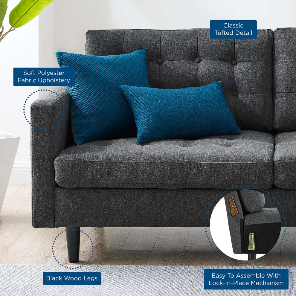 Tufted Sofa, Fabric, Dark Gray, Modern, Living Lounge Hotel Hospitality