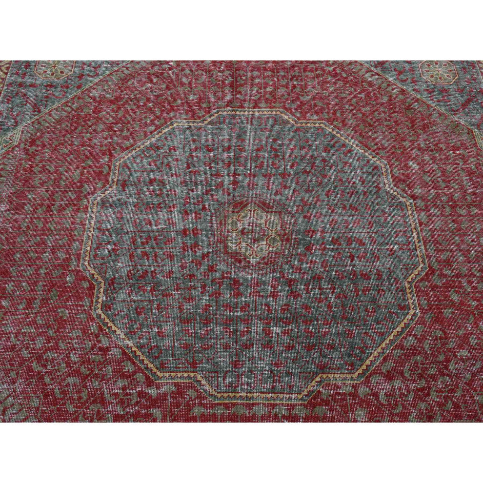 Green, Vintage Look Mamluk, Zero Pile, Worn Wool, Hand Knotted Rug, 6'x9'