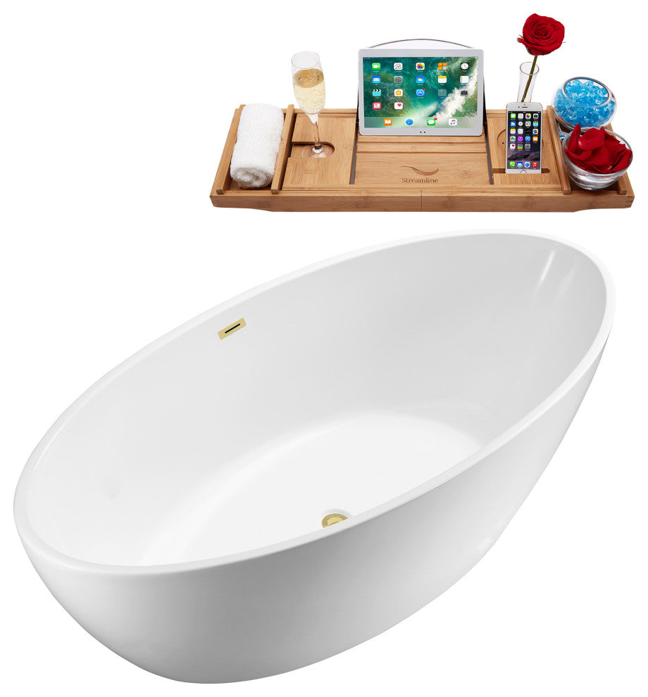 63" Streamline Bathtub and Tray With Drain, Polished Brass