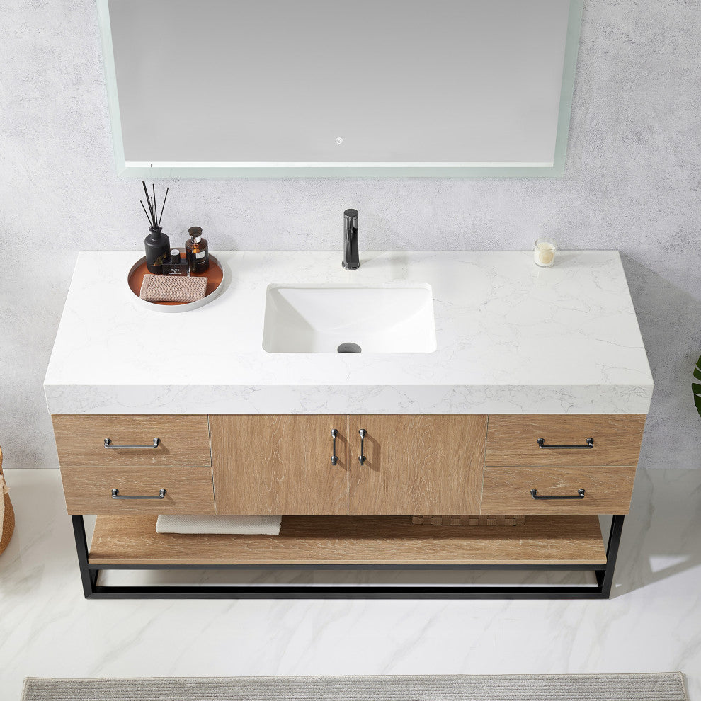 Alistair Vanity, North American Oak, Matte Black Hardware, 60" Single Sink, With Mirror